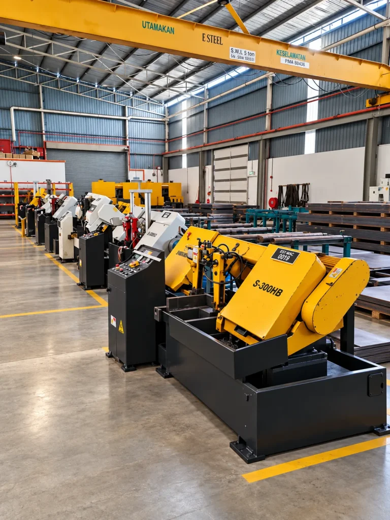 Horizontal bandsaw cutting at E STEEL SDN BHD