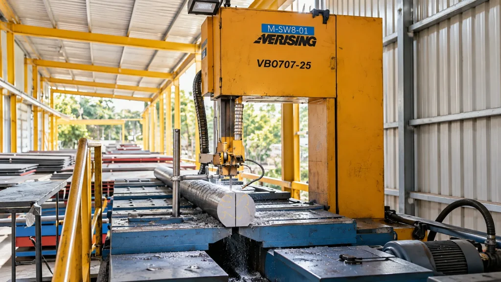 Vertical bandsaw cutting steel plate