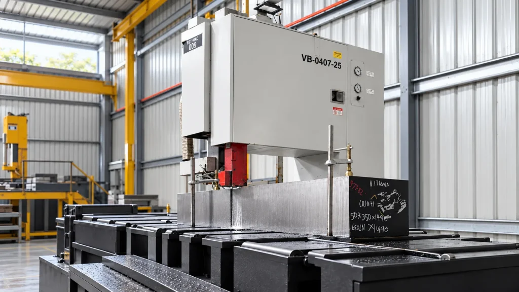 Vertical saw cutting stainless steel plate