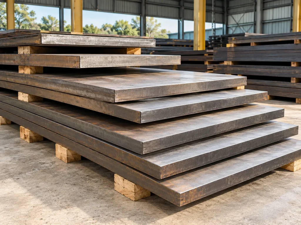 Stepped Steel Plate Stacks in Warehouse